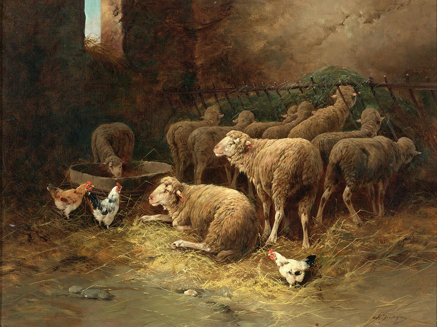 Sheep and Chickens in a Barn Painting by Charles-Emile Jacque