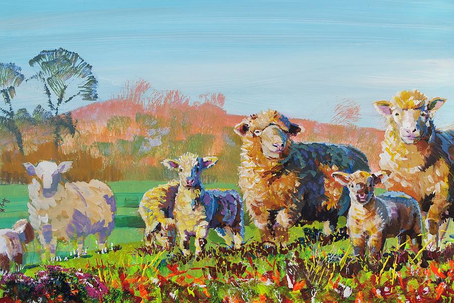 Sheep And Lambs In Devon Landscape Bright Colors Painting