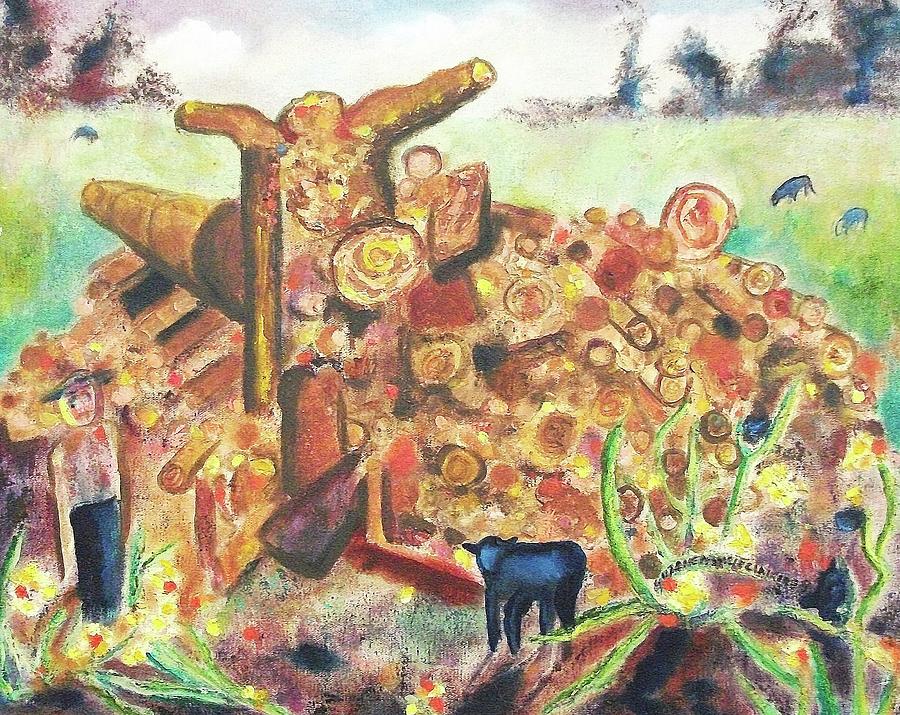 Sheep Painting - Sheep and Woodpile by Suzanne  Marie Leclair