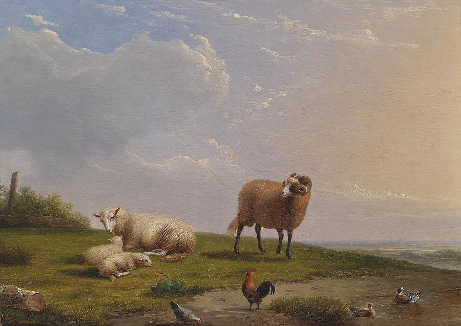 Sheep Chickens Ducks in front of a wide Landscape Background Painting by Frans van Severdonck