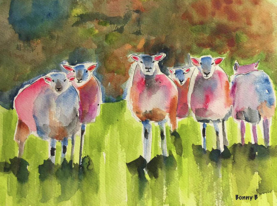 Pink Sheep Family Painting by Bonny Butler
