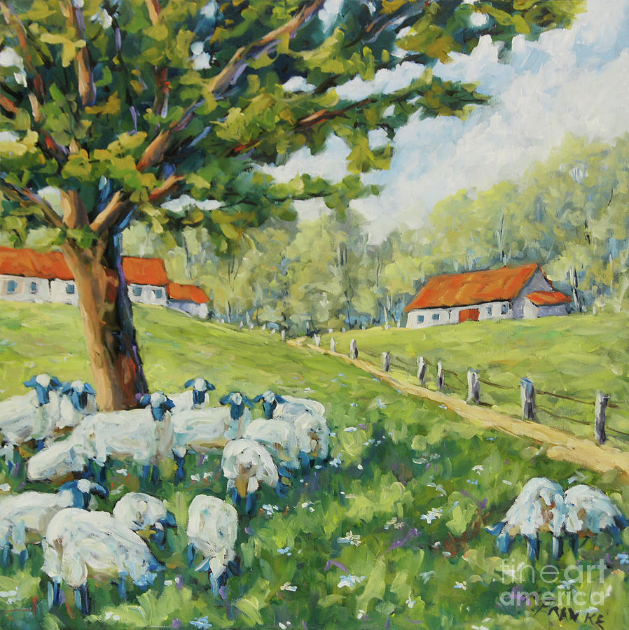 Sheep Huddled under the tree Farm Scene Painting by Richard T Pranke