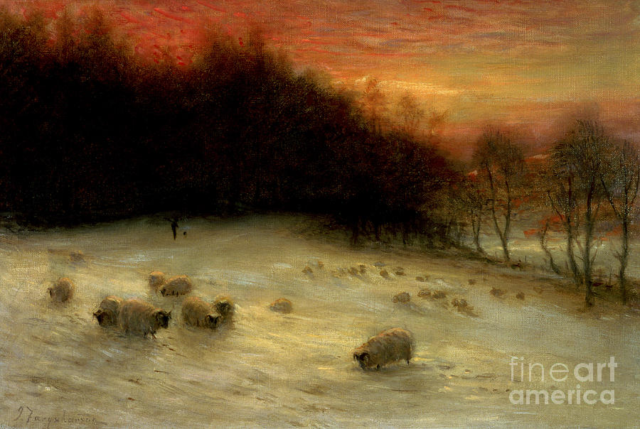 Sheep Painting - Sheep in a Winter Landscape Evening by Joseph Farquharson