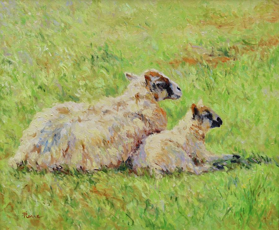 Sheep in the spring time,La vie est belle Painting by Pierre Dijk