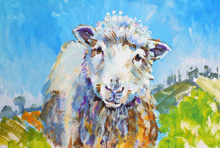 Sheep looking at you with landscape Painting by Mike Jory