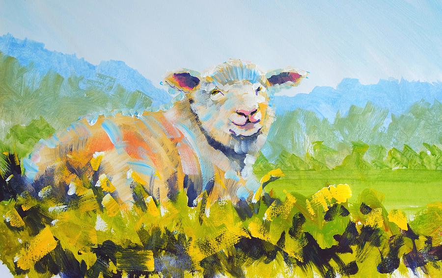 Sheep lying down in English countryside Painting by Mike Jory