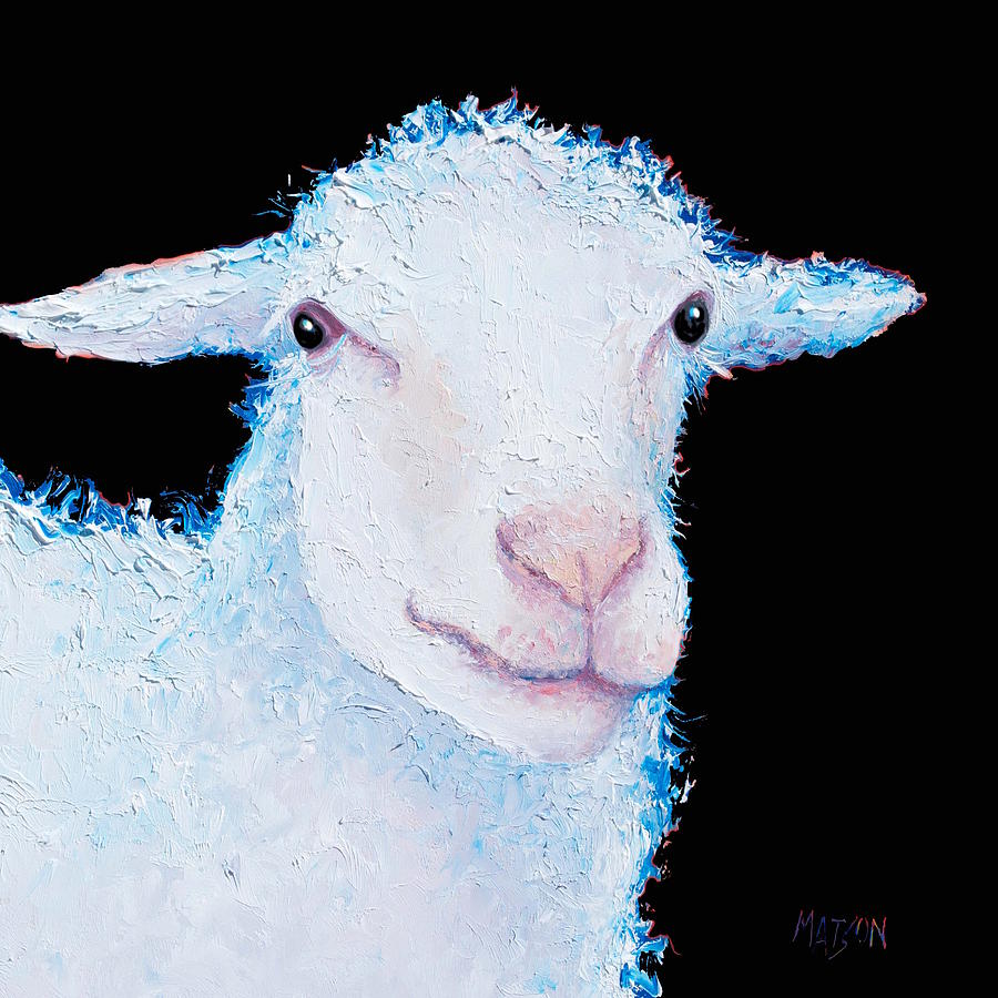 Sheep painting on black Painting by Jan Matson