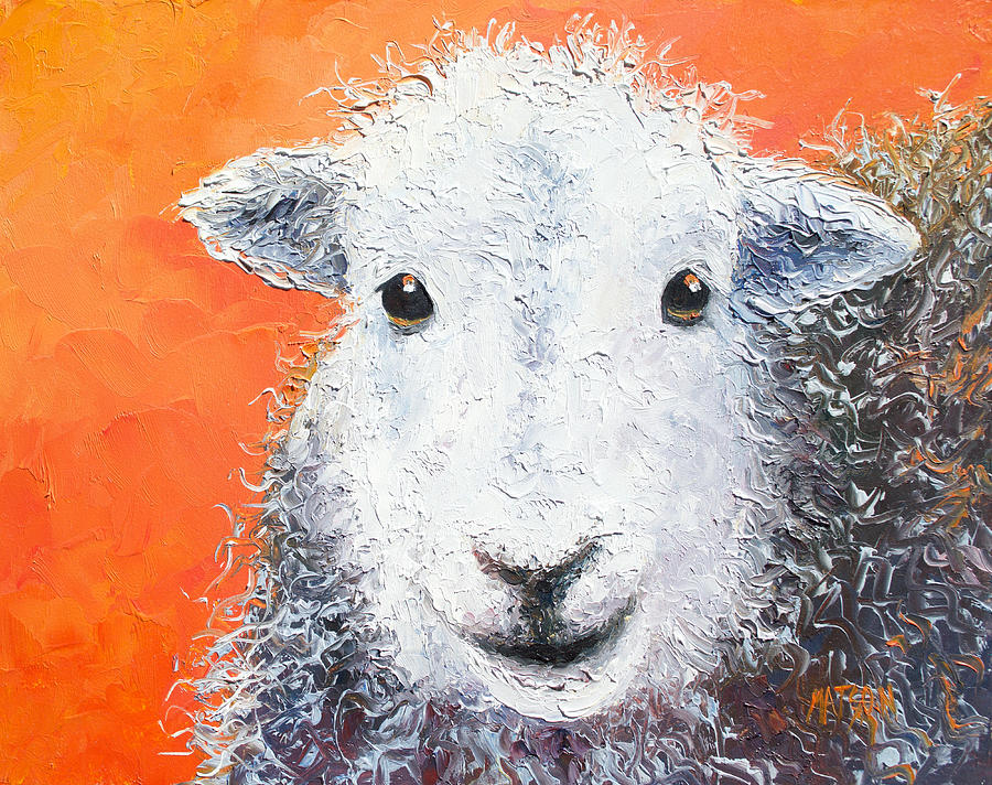 Sheep painting on orange background Painting by Jan Matson