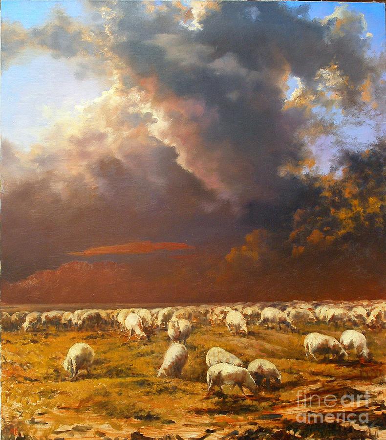 Landscape Painting - Sheep.Alarm by Andrey Soldatenko