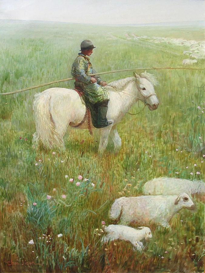 Sheepherder Painting by Ji-qun Chen