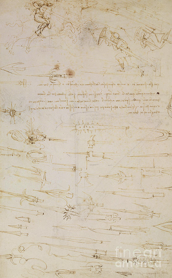 Sheet of studies of foot soldiers and horsemen in combat, and halbards Drawing by Leonardo Da Vinci