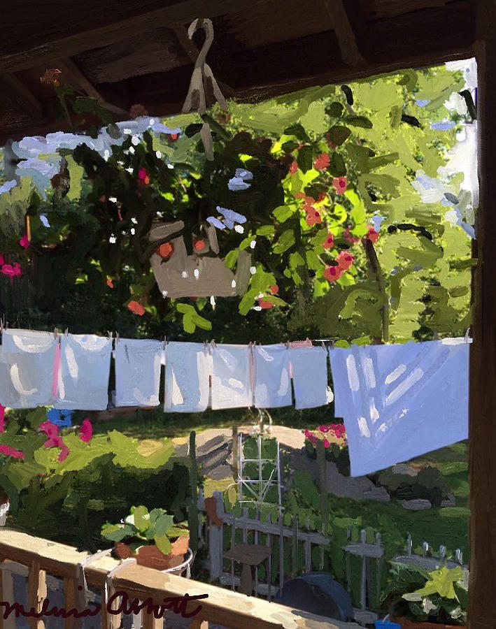 Sheets and Pillow Cases on the Line with Lantana Flowers Painting by Melissa Abbott