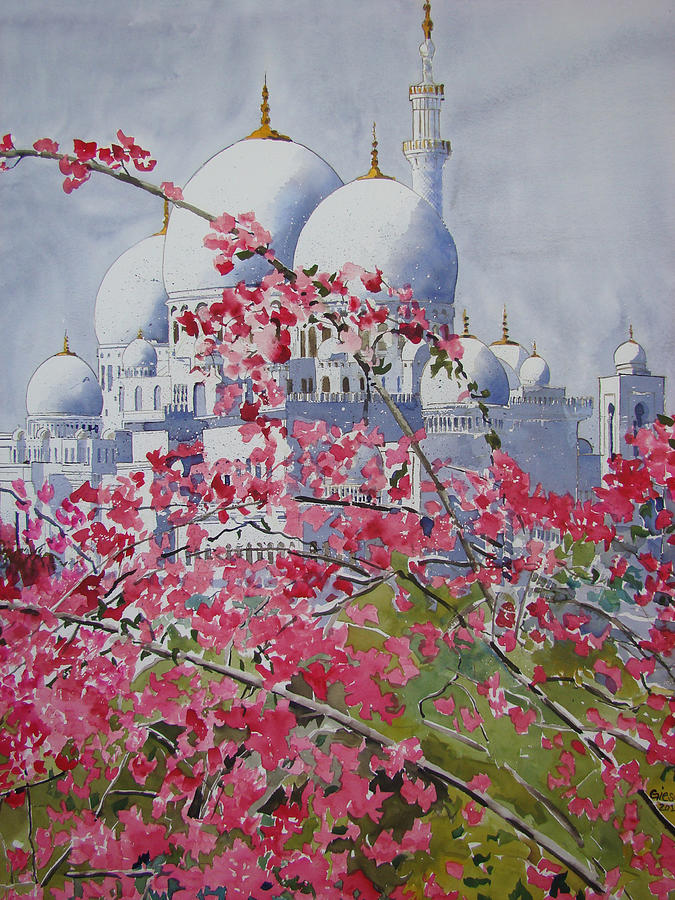 Sheikh Zayed Mosque And Bougainvillea Painting By Martin Giesen