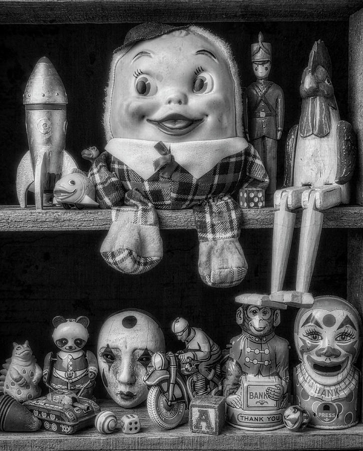 Shelf Of Old Toys In Black And White Photograph by Garry Gay
