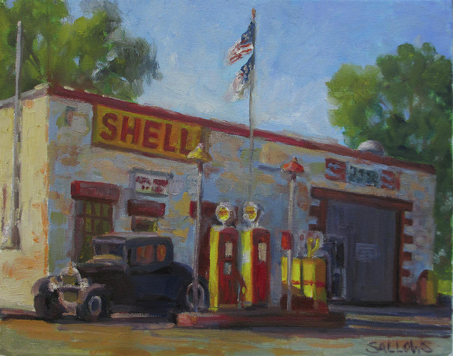 Shell Gas Station Painting - Shell Station Brown County by Nora Sallows