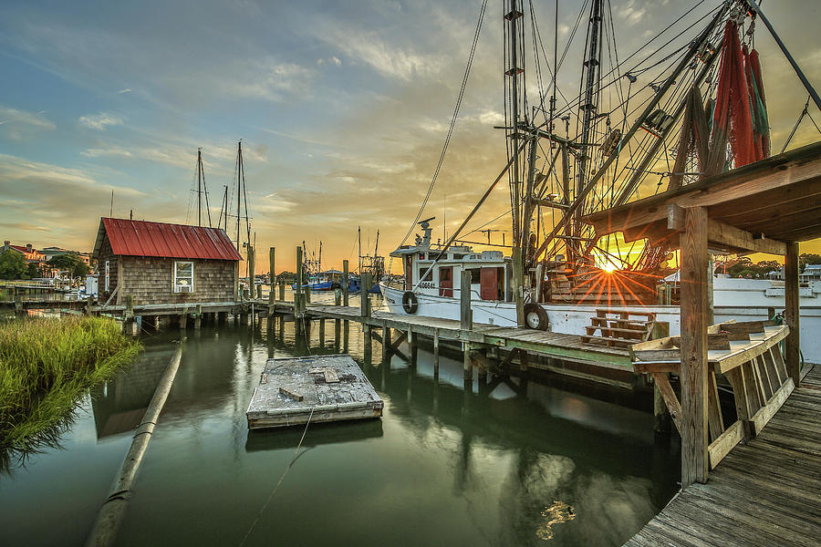 Shem Creek Boathouse and Shrimp Boat Photograph by Donnie Whitaker