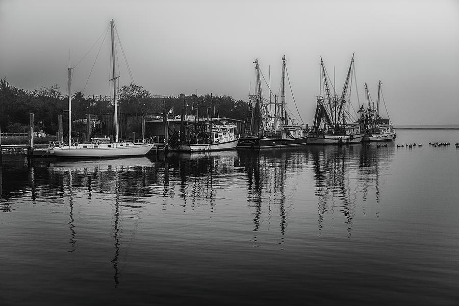 Shem Creek Shrimp Boats Black and White Photograph by Donnie Whitaker
