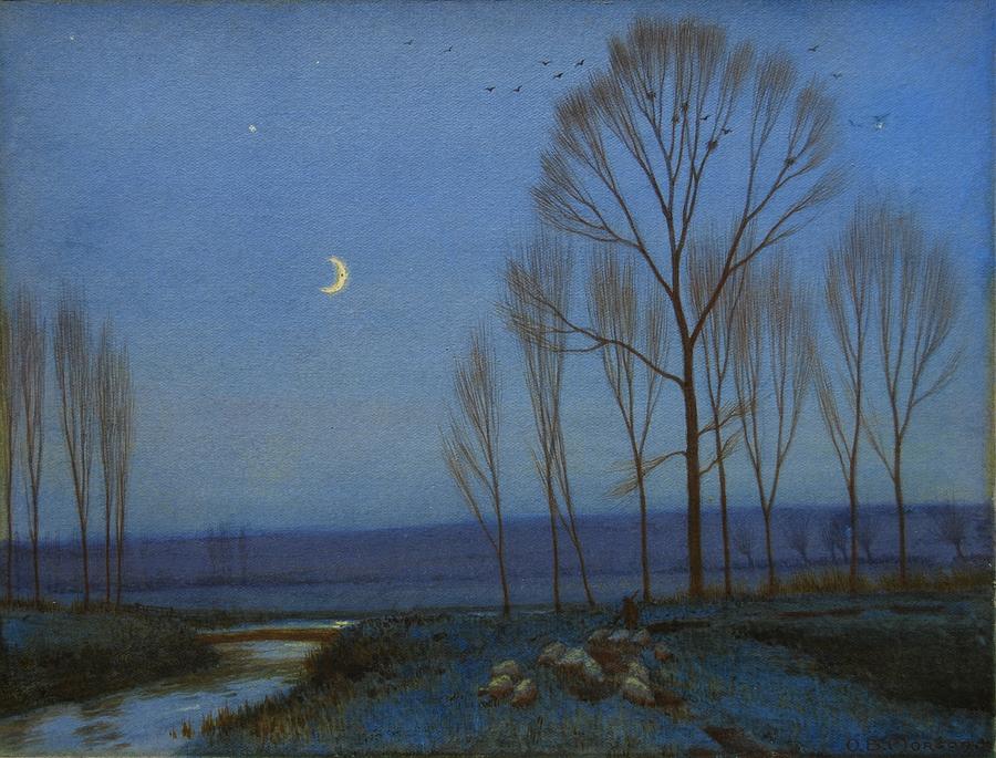 Tree Painting - Shepherd and Sheep at Moonlight by OB Morgan