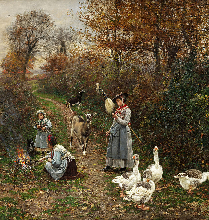 Shepherd Girls Making Fire at the Edge of the Forest Painting by Marie-Francois Firmin-Girard