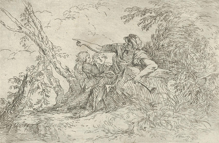 Shepherd holding a flute and two other figures in a landscape Relief by Salvator Rosa