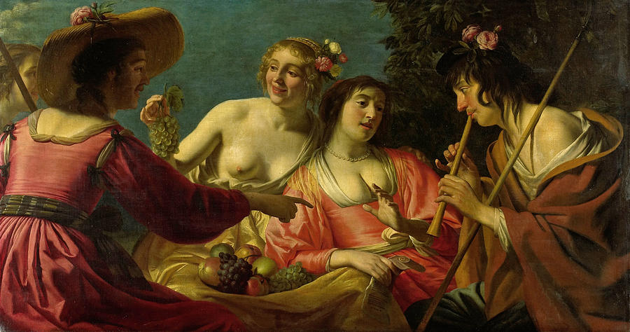 Shepherd Playing the Flute and four Shepherdesses Painting by Gerrit van Honthorst
