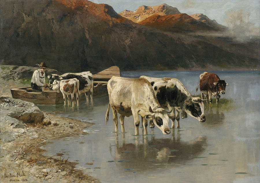 Shepherd with Cows on the Lake Shore Painting by Christian Friedrich Mali