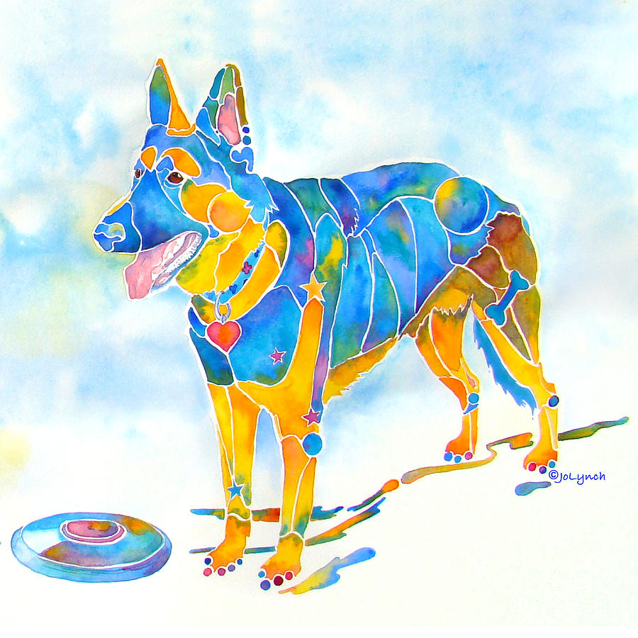 Dog Painting - Shepherd with Frisbee - Play with Me by Jo Lynch