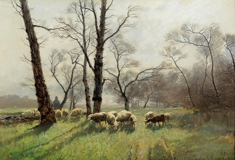 Shepherd with his Flock in the Evening Light Painting by August Fink ...