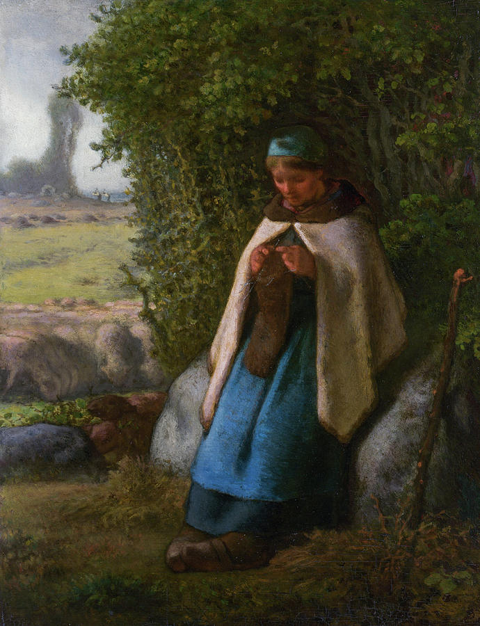 Jean Francois Millet Painting - Shepherdess Seated on a Rock by Jean-Francois Millet