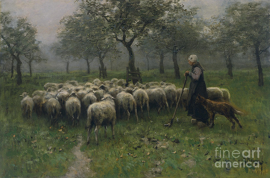 Sheep Painting - Shepherdess With a Flock of Sheep by MotionAge Designs