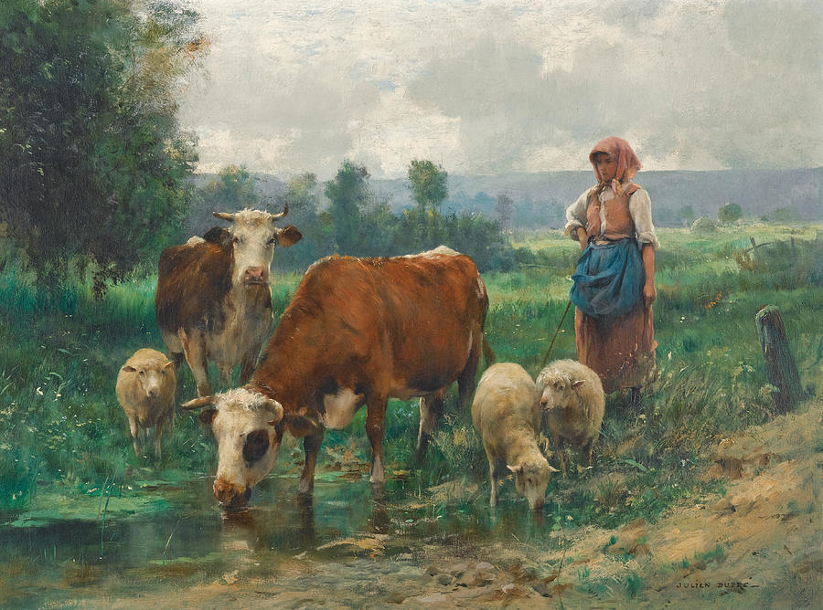 Shepherdess with her Flock Painting by Julien Dupre