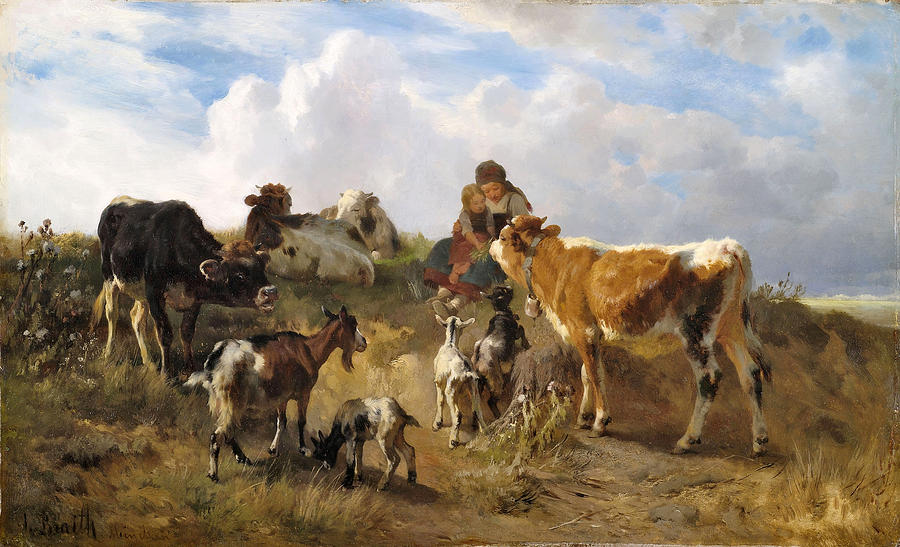 Shepherds idyll on summer pasture with cows and goats Painting by Anton Braith