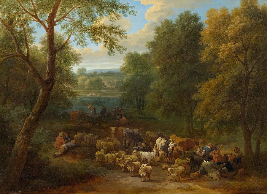 Sheep Painting - Shepherds in a forest clearing. by Celestial Images