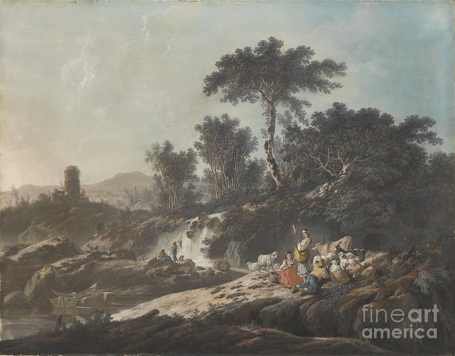 Shepherds Resting By A Stream Drawing by Jean-baptiste Pillement