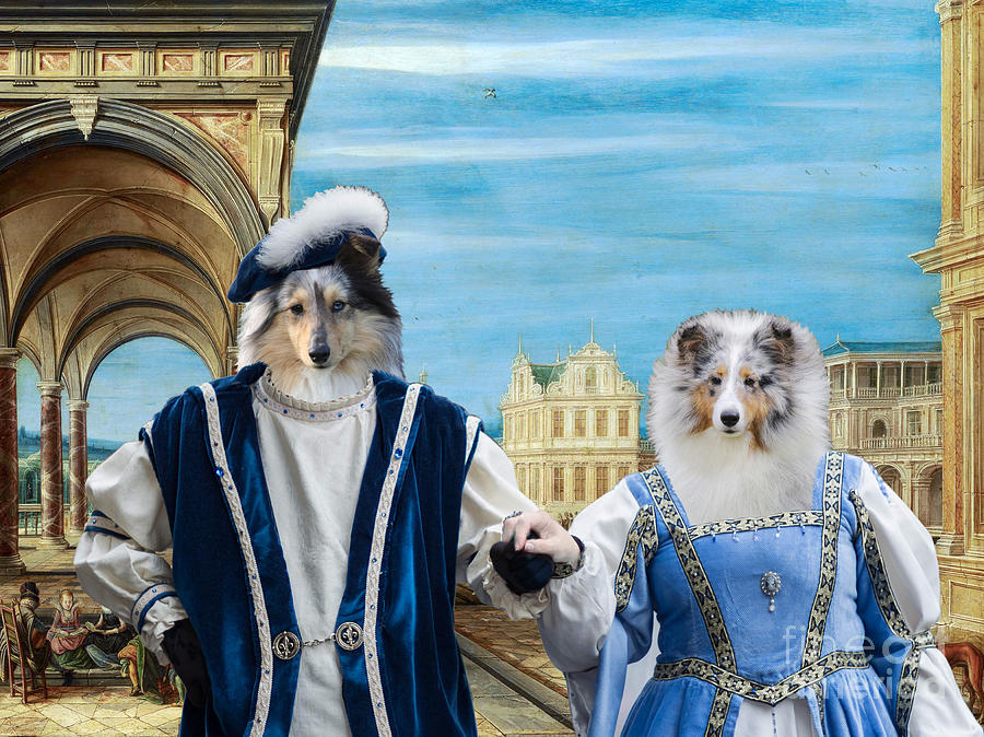 Shetland Sheepdog Art Canvas Print - A square with imaginary buildings and royal couple Painting by Sandra Sij