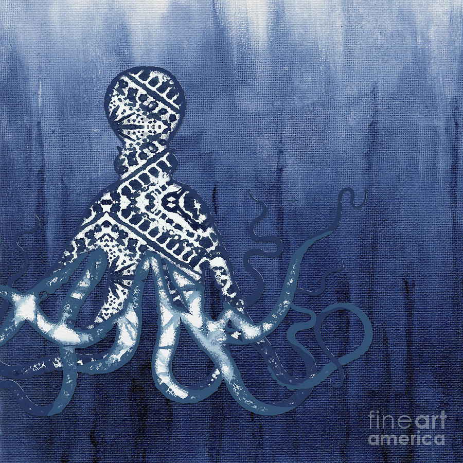 Octopus Painting - Shibori Blue 2 - Patterned Octopus over Indigo Ombre Wash by Audrey Jeanne Roberts