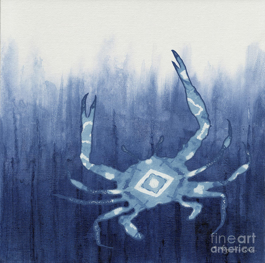 Shibori Blue 4 - Patterned Blue Crab over Indigo Ombre Wash Painting by Audrey Jeanne Roberts