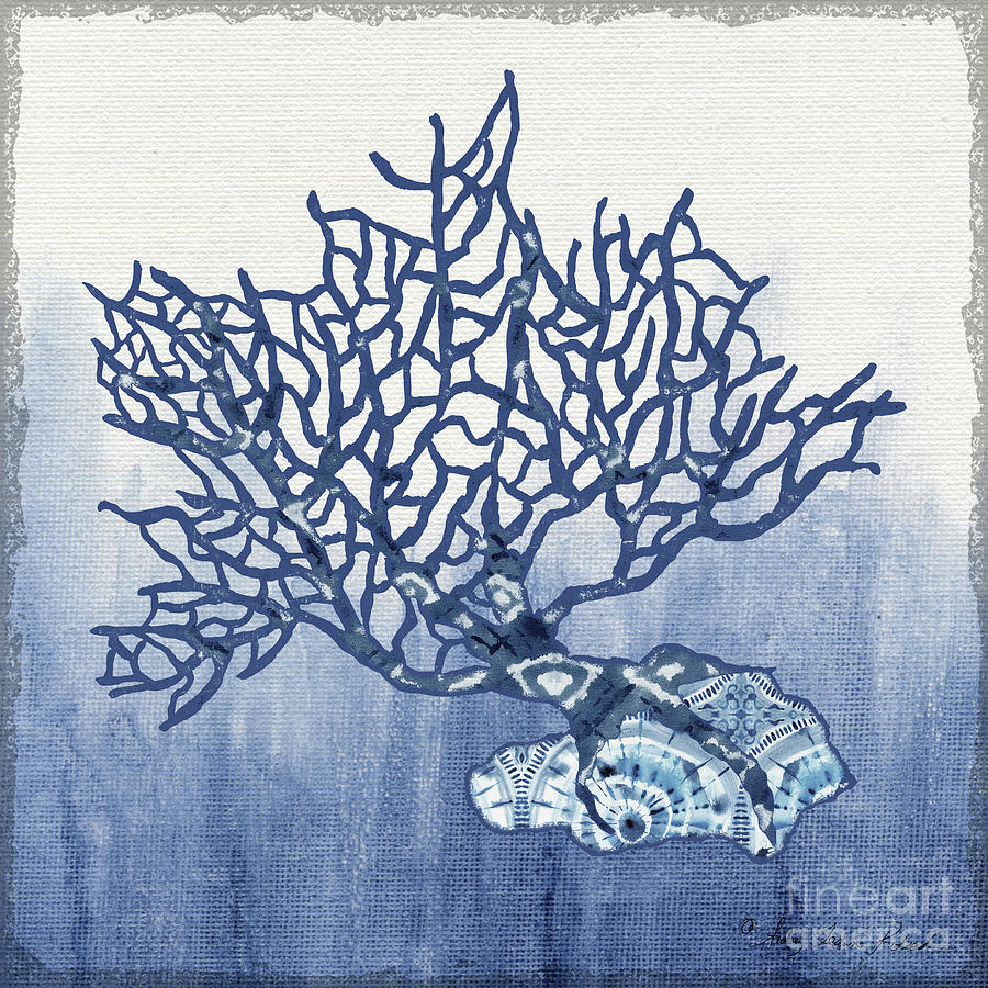 Shibori Blue 5 - Patterned Blue Sea Coral on Rock over Indigo Ombre Wash Painting by Audrey Jeanne Roberts