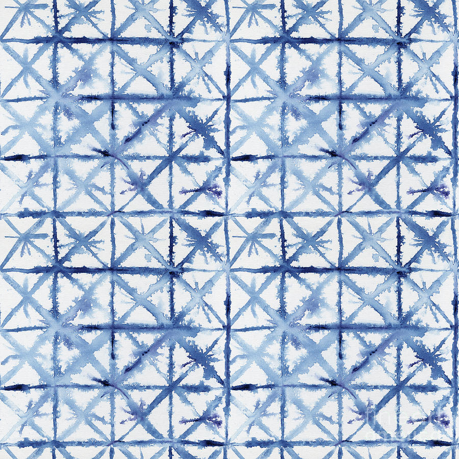 Shibori Kubo Watecolor X Pattern Line Work Indigo Blue Painting by Audrey Jeanne Roberts