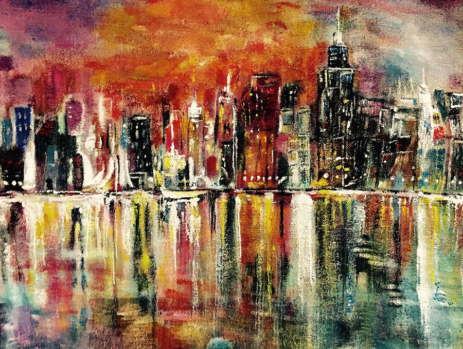 Shimmering City Night Lights Painting by Belinda Low