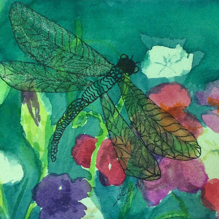 Shimmering Dragonfly w Sweetpeas Square Crop Painting by Ellen Levinson