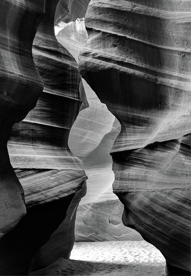 Shining In - Entrance Of Antelope Canyon Black And White Photograph