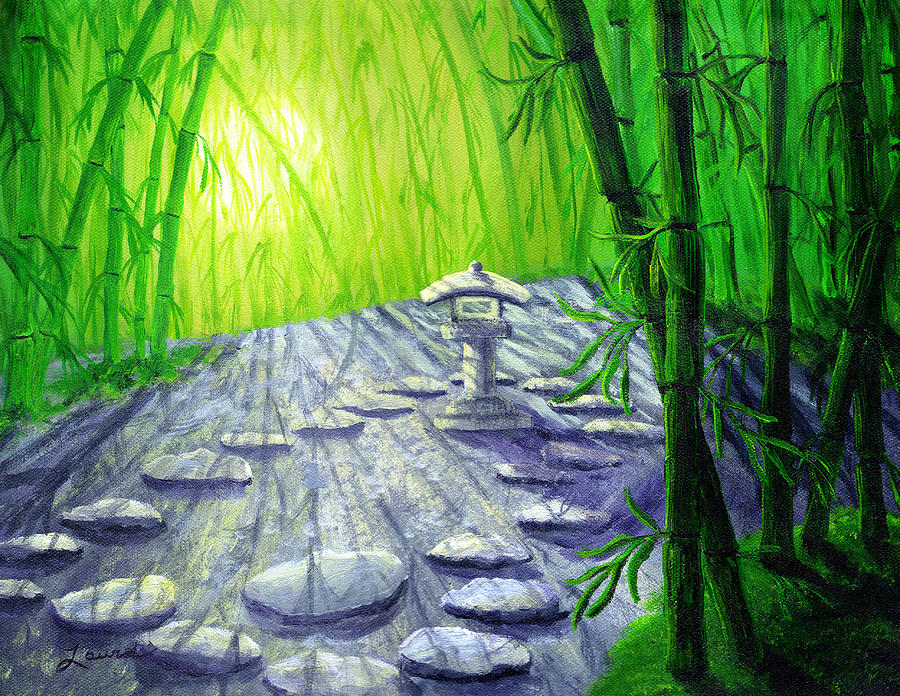 Shinto Lantern in Bamboo Forest Painting by Laura Iverson