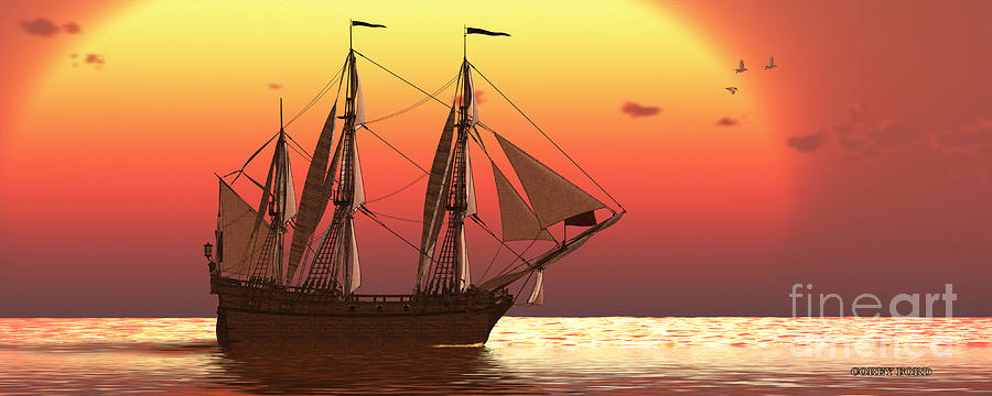Ship at Sunset Painting by Corey Ford