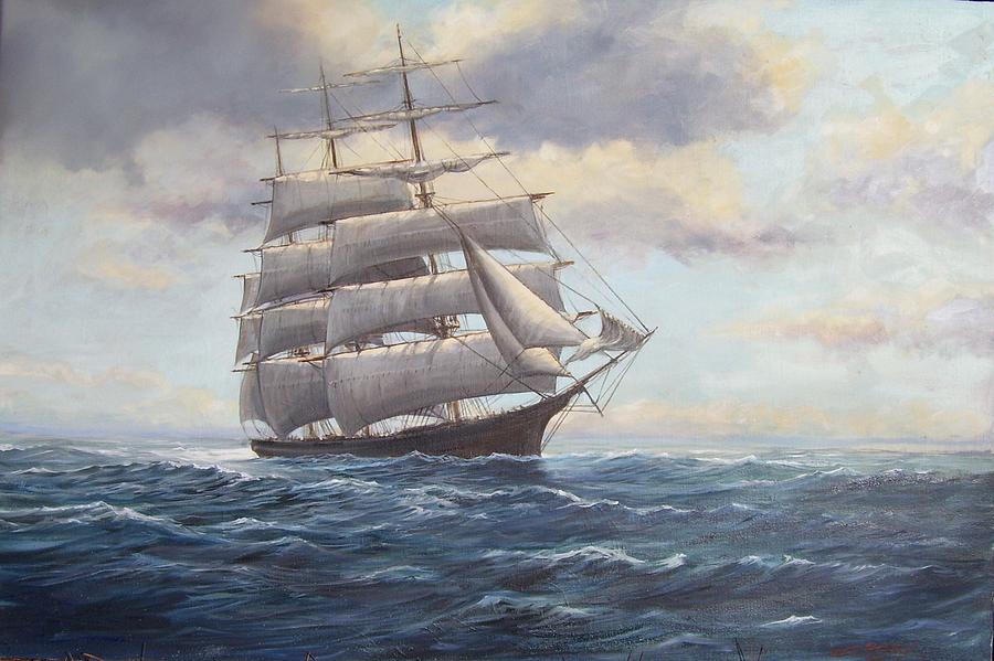 Ship Coming out of Morning Fog Painting by Perrys Fine Art
