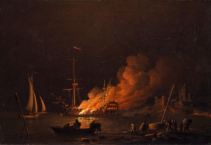 Ship on fire at night Painting by Charles Brooking