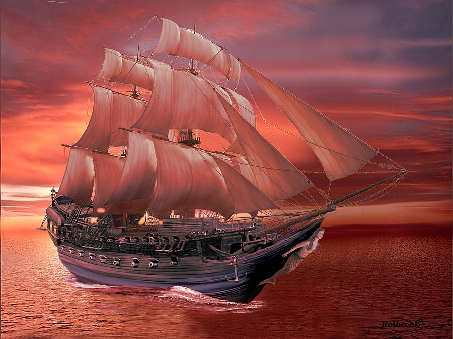 Ship Sails at Sunset Digital Art by Glenn Holbrook