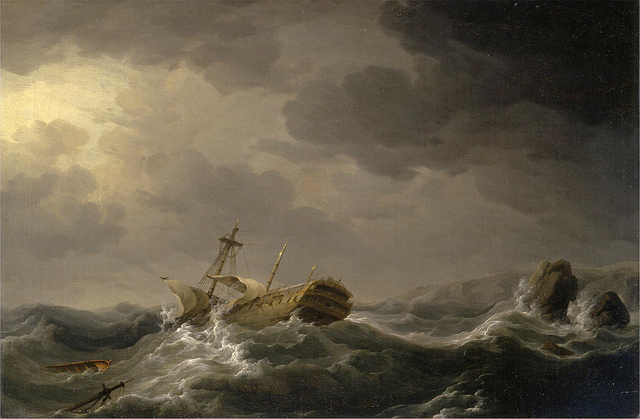 Ship wrecked on a rocky coast Painting by Charles Brooking