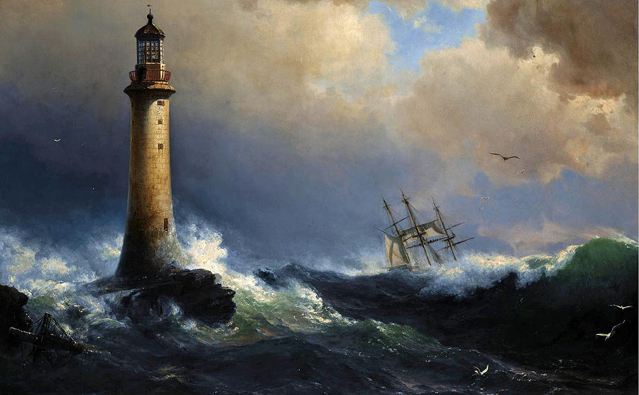 Shipping off the Eddystone Lighthouse Painting by Attributed to Vilhelm Melbye