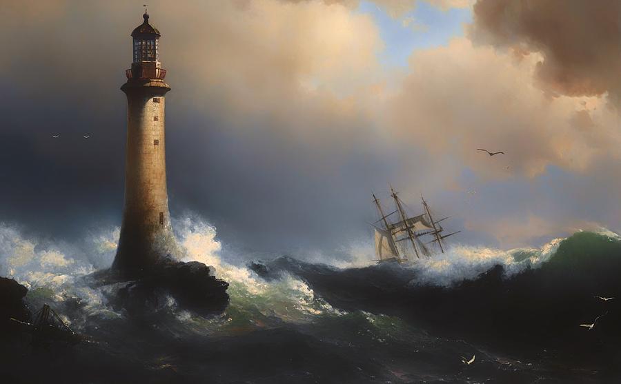 Vintage Painting - Shipping Off The Eddystone Lighthouse by Mountain Dreams